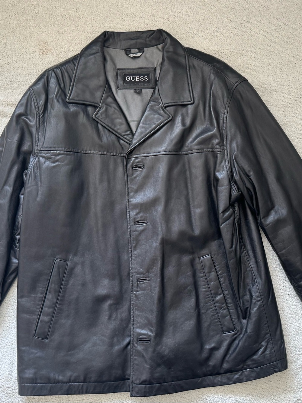 GUESS Black Leather Button-Up Pea Coat